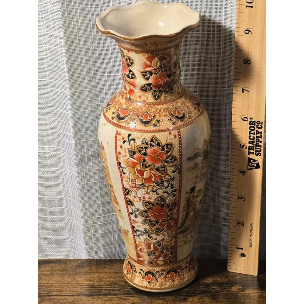 Set of 2 Vintage‎ Japanese Style Vases Tan/Red 10 inch